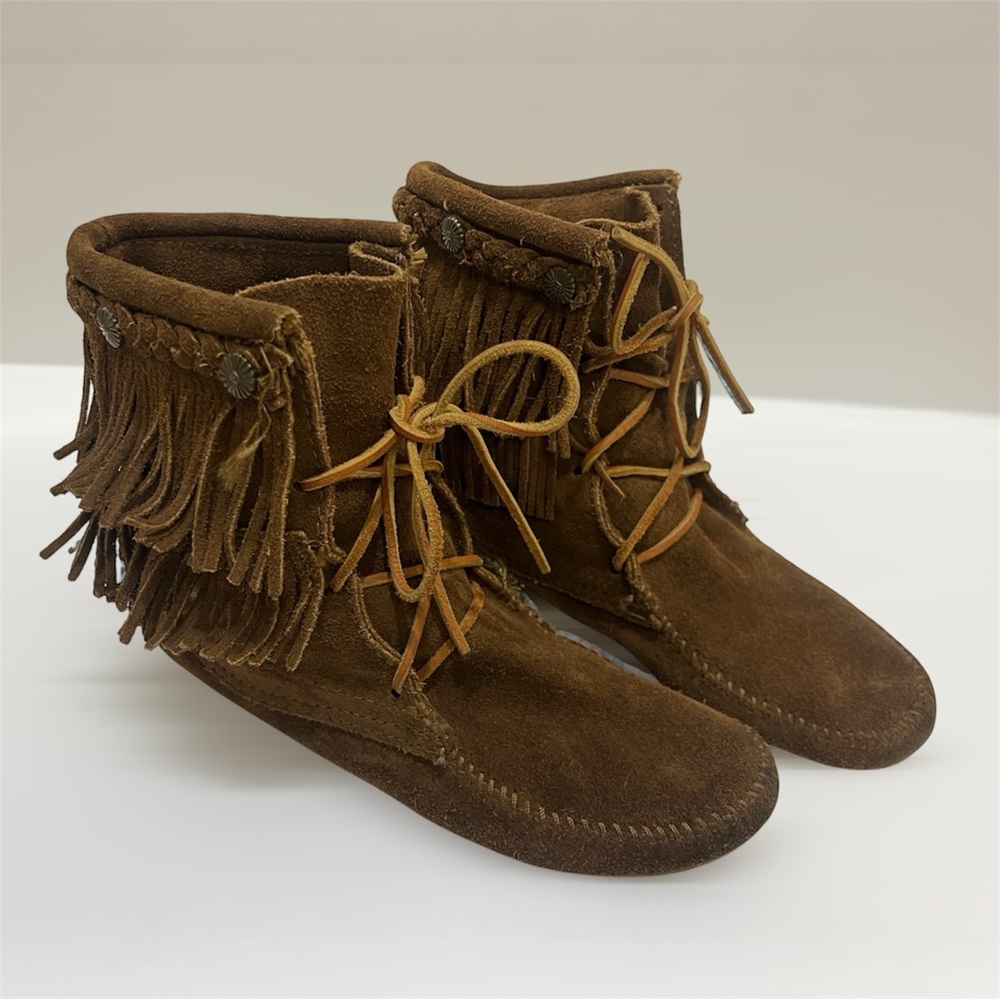 Brown Suede Fringe Minnetonka Ankle Boots Size 7